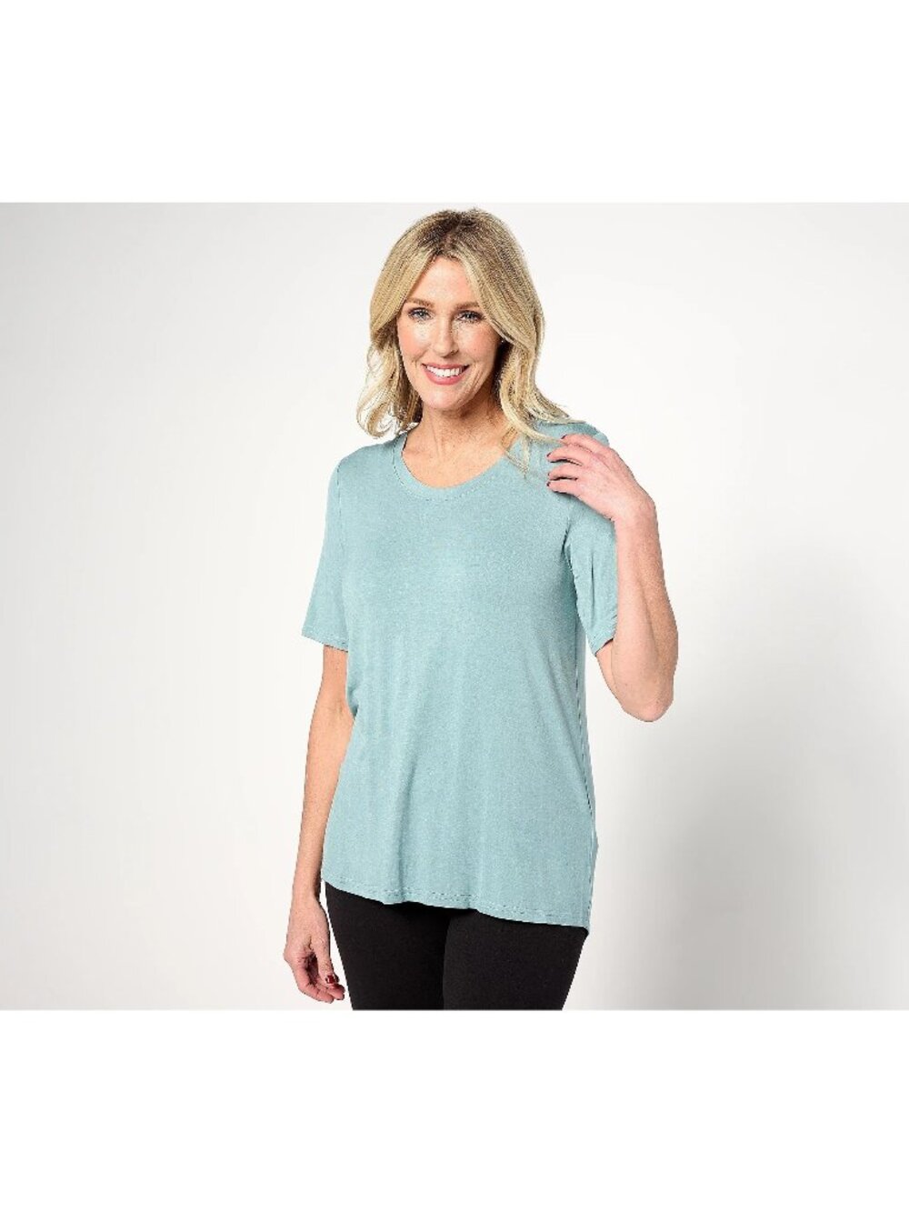 Zuda Scoop Top Medium Neck Short Sleeve Top with Keyhole Back Blue Surf NEW